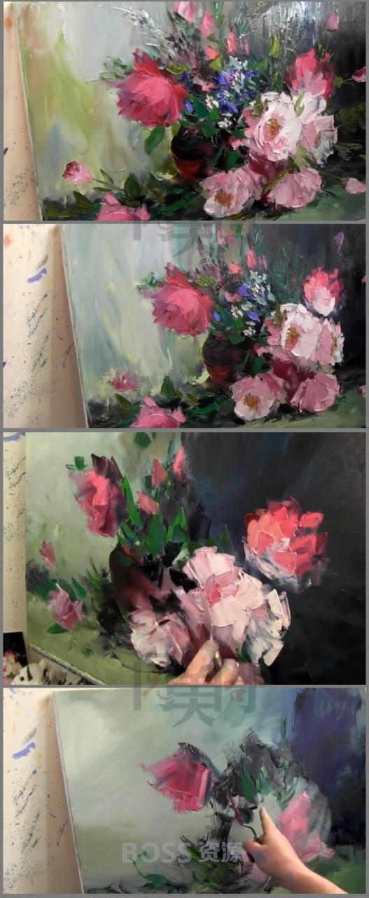 俄罗斯油画大师刀画花卉绘画技巧 粗狂与细节对比表现视频素材-AT互联
