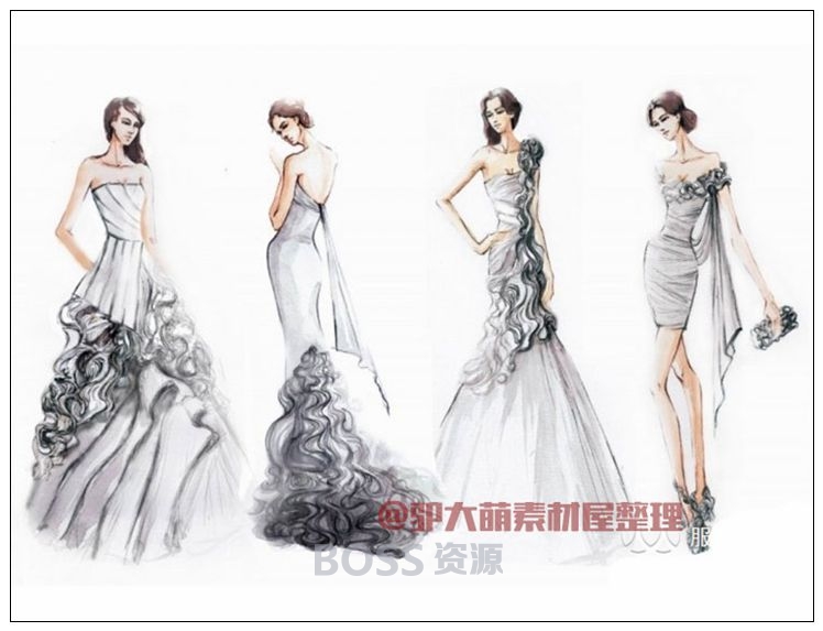 婚纱礼服手绘马克笔效果图 服装设计插画素材300张-AT互联